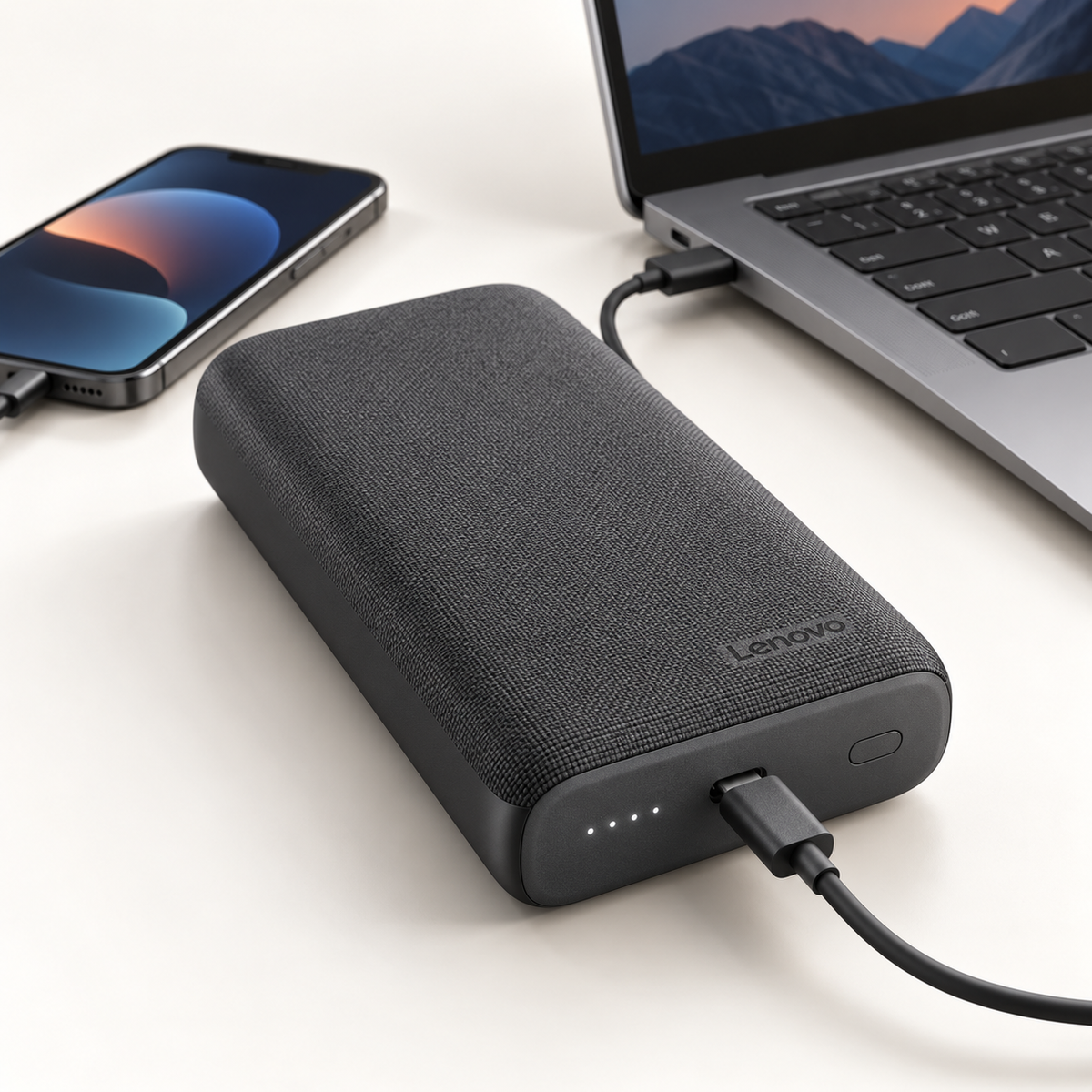 Lenovo Go 20,000 mAh USB-C power bank charging a laptop and phone