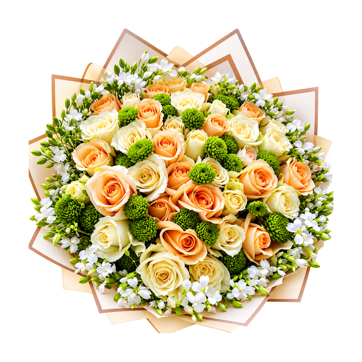 Ivory, Cream Roses Flowers Bouquet  Wrapped with Long Stem