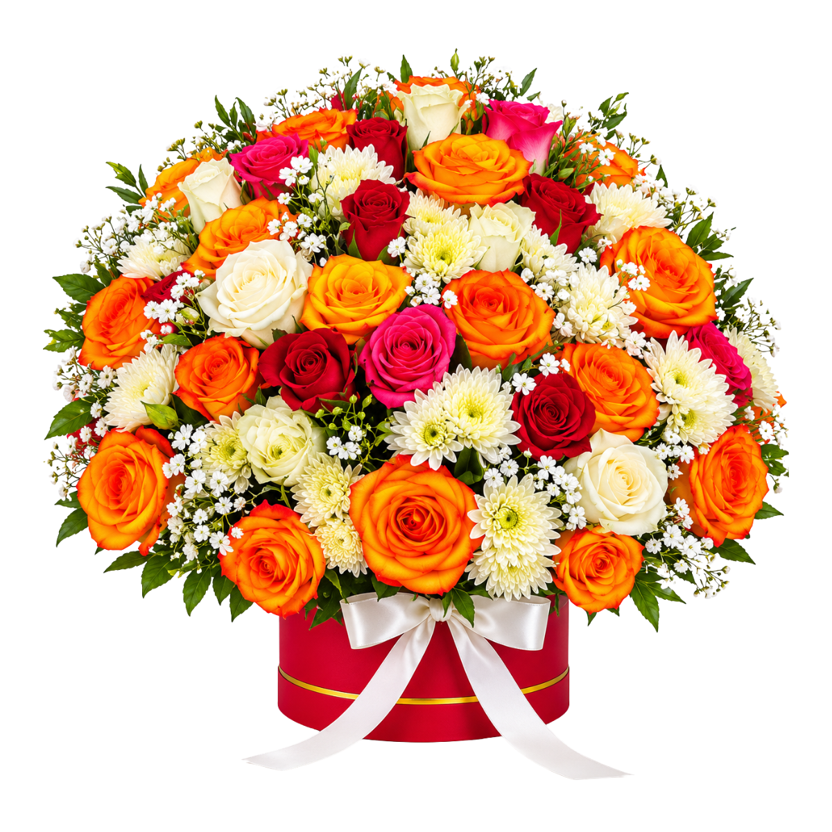 Red, White, Orange Rose, Mums Mixed Flowers Bouquet in Box- Birthday Flower bouquets