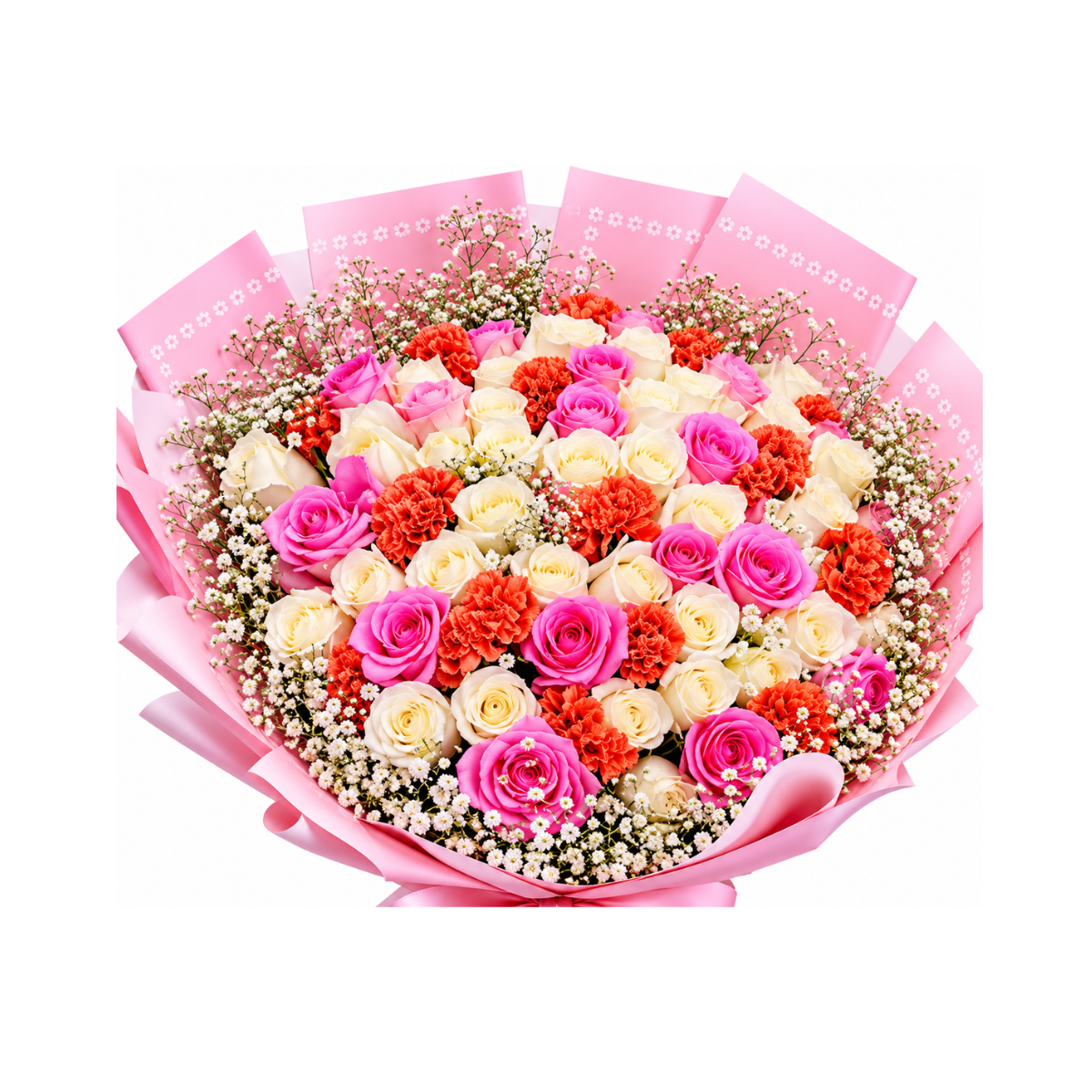 Pink, Cream, Orange Roses Flower Bouquet Wrapped with Long Stem