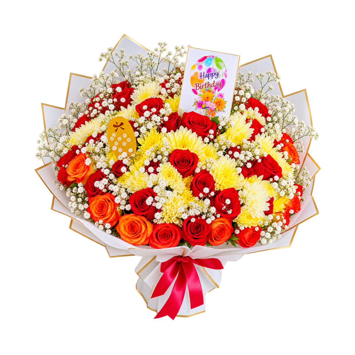 Orange and Red Rose, Mums, Wrapped Flowers Bouquet