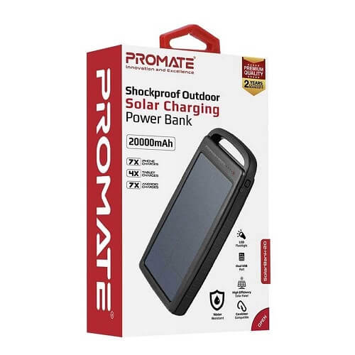 Promate 20000mAh Solar Power Bank, Outdoor Solar Charger (2.4A) SolarBank-20 Black