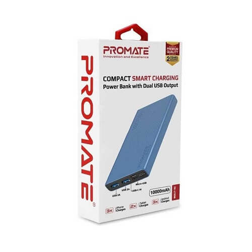  Promate 10000mAh Power Bank, Fast Charging with 2A Dual USB Port Bolt-10