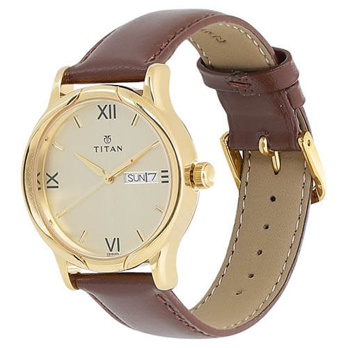 TITAN Quartz Champagne Dial Brown Leather Strap Watch
