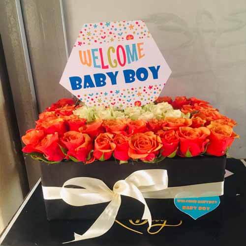 Orange and White Tulip Flowers Bouquet in a Box with Welcoming Baby note.
