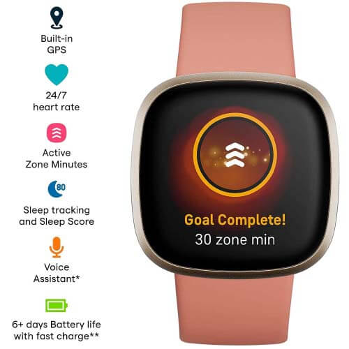 Fitbit Versa 3 Health & Fitness Smartwatch with GPS, Alexa Built-in, 6+ Days Battery FB511BKBK/FB511GLNV (Black, Midnight Soft)