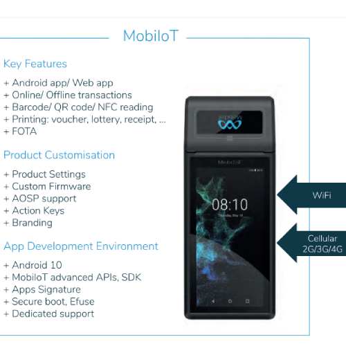 MobiPrint 4 Plus Connect and Print 58mm with back cover ,  Multipurpose AndroidTM Mobile Cash Payment solution with thermal printer, large full touchscreen, high grade NFC reader and universal 4G cellular connectivity . POS 