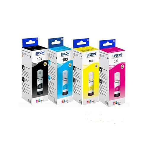 Epson 103 044 ECO Tank Yellow ink bottle, Epson 103 S14A ECO Tank Black ink bottle, Epson 103 S24A ECO Tank Cyan ink bottle, Epson 103 S34A ECO Tank Magenta ink bottle