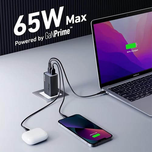Anker's GaNPrime 65W USB C Fast Charger MacBook Pro/Air, iPad Pro, Galaxy S22/S21, HP Spectre, MFR # A2667J | 2 year warranty:, iPhone 14/Pro, Pixel,  sleek and efficient charging solution with three ports, 65-watt wall charger 2 USB-C ports, 1 USB